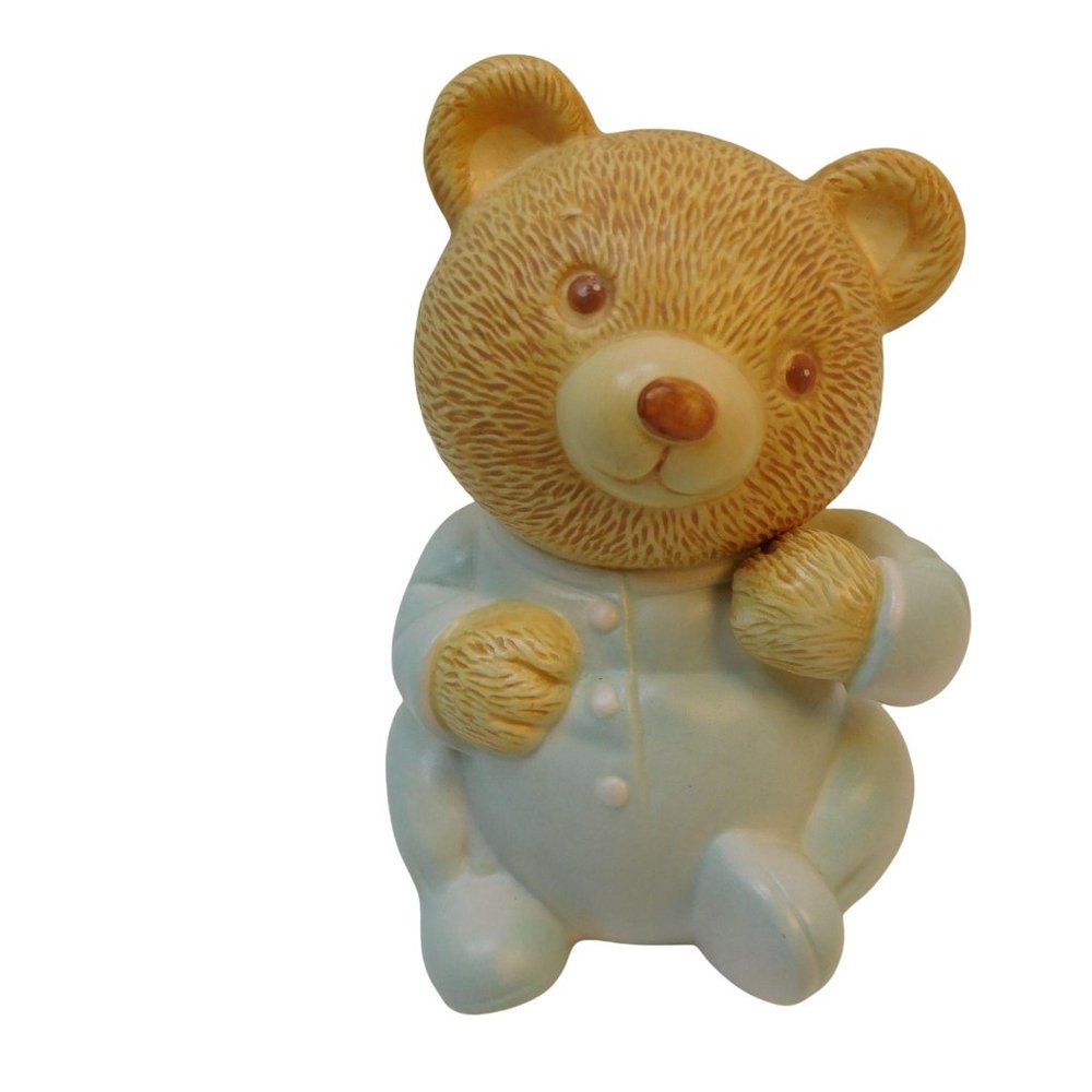 Cute Blue Baby Bear Figurine Coin Bank Ceramic Boy Nursery Room Decor